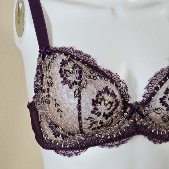 Dita Von Teese Evelina Aubergine Plum Unlined Embroidered Bra, Size 38B - Picture 6 of 10
